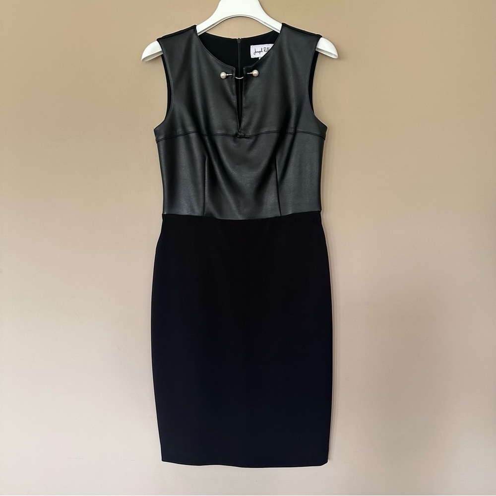 Joseph Ribkoff Black Sleeveless Dress Women 10 Faux Leather Pearl Accent Stretch